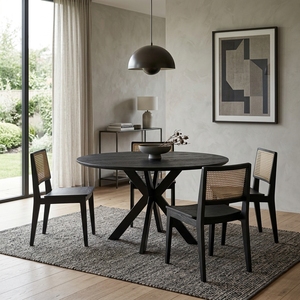 Table à manger ronde en teck massif, base en forme de croix noire mate, mobilier de cuisine moderne minimaliste, table de petit-déjeuner circulaire - Product Image 2