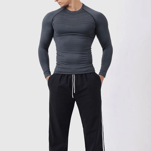 Haut de compression sans couture à manches longues pour homme, séchage rapide, en Spandex et Polyester, pour le sport, gris - Product Image 1