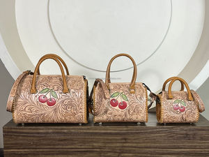 Bolso Speedy de Cuero Grabado con Diseño de Cerezas para Mujer, Bolso de Mano Artesanal de Cuero Genuino de Vaca Estilo Western con Grabado Floral, Bandolera - Product Image 5