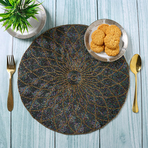 High Quality Handmade Embroidered Cloth Table <b>Chair</b> <b>Pads</b> Unique Leaf Design Glass Beads Luxury Style Placemat/Mat Available - Product Image 2