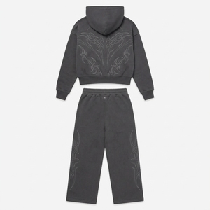 Vintage Washed Charcoal <b>Cropped</b> <b>Zip</b> <b>Up</b> Hoodie And Wide Leg Sweatpants Set Embroidered Y2K Streetwear Tracksuit - Product Image 3