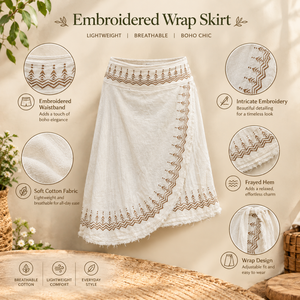 <b>White</b> Cotton Wrap <b>Skirt</b> Geometric Embroidered Waist Frayed Hem Asymmetrical Midi <b>Skirt</b> Boho Beach Vacation Wear|Bohemian Style - Product Image 5