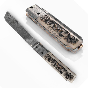 Couteau pliant personnalisé en acier Damas de qualité industrielle - Manche en os de chameau gravé au laser - Longueur totale de 19 cm - Poignée ergonomique - Product Image 4