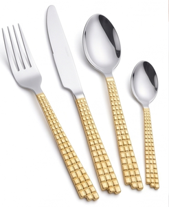 Ensemble de couverts modernes en acier inoxydable avec poignées texturées dorées, compatibles lave-vaisselle, pour les dîners de mariage - Product Image 1