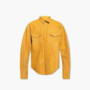 Chemise décontractée pour homme en cuir jaune moutarde, boutons en corne non tissés, manches courtes, couleur unie, style hiver, 360g, brodée - Product Image 2