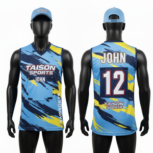 Maillot de netball pour homme au meilleur prix, 180 GSM, maille polyester premium, bleu ciel, bleu marine, jaune, panneaux brossés, logo personnalisé par sublimation - Product Image 1