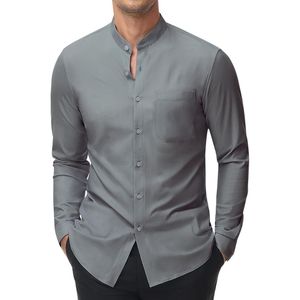Camisa Casual Personalizada para Hombre con Cuello Mao, Manga Larga, Botones al Frente, Bolsillo en el Pecho y Estilo de Color Sólido - Product Image 3