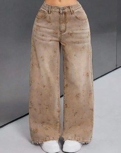 Jean droit classique respirant à imprimé pois vieilli, style streetwear, coupe droite légère, pour un look vintage, avec ourlet régulier, vente en gros - Product Image 6