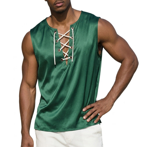 Bulk Wholesale Price Men's High Quality Satin V-Neck Lace Up Tank Tops Summer Sleeveless <b>Vest</b> Custom Made Vendor Order Tank Tops - Product Image 1
