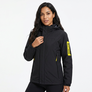 Men's Waterproof Winter Jacket Hooded Solid Black With Yellow Logo On Sleeve Sporty Style Zipper Closure - Product Image 6