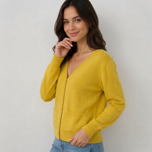 Women's Yellow Knitted V-Neck <b>Cardigan</b> Long Sleeve <b>Button</b> Front Casual Solid Color Pocket Design Regular Fit All Seasons - Product Image 4