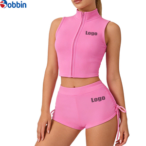 Conjunto de 2 Piezas de Chaqueta Corta y Pantalones Cortos Deportivos Casuales de Moda Hip Hop, Ajustados, de Spandex/Poliéster, con Cierre, para Mujer, Verano - Product Image 5