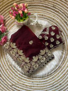 ผ้าไหมส่าหรีดีไซน์พิเศษ พร้อมเสื้อคลุมหรูหรา ทันสมัย สวยงาม โดดเด่น  แบบอินเดีย  สำหรับงานแต่งงาน  งานเลี้ยง  และโอกาสพิเศษต่างๆ สำหรับผู้หญิง - Product Image 5