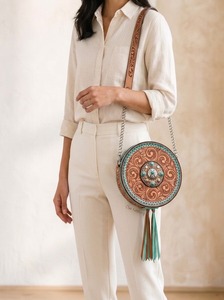 Handtooled Genuine Leather <b>Mini</b> Bag Vintage Bohemian Canteen Purse Tassel Crossbody Strap Zip Closure <b>Canvas</b> Lining Small - Product Image 5