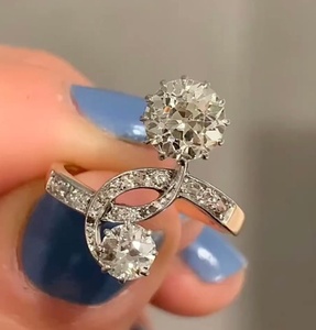 Moissanite <b>Two</b> <b>Stone</b> Round Cut Moissanite Unique Engagement <b>Ring</b> Original 925 Silver Fine Floral Style Anniversary Gift For Her - Product Image 3