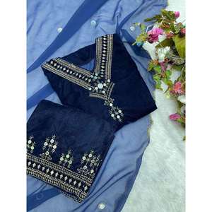 BORDADO DE SECUENCIA DE TERCIOPELO A LA MODA CON PANTALÓN SUPERIOR DE TRABAJO DE ESPEJO REAL CON DUPATTA AZUL MARINO - Product Image 2