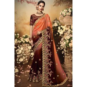 FANCY GEORGETTE BORDADO TRABAJO SAREE CON BLUSA DESCOSTIRADA NARANJA - Product Image 1