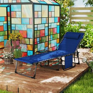 Dark Blue <b>Folding</b> <b>Outdoor</b> Chaise Lounge Chair with 5-Level Adjustable Back Side <b>Table</b> & Pillow Pocket for Poolside & Gym Use - Product Image 2