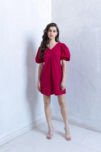 Vestido Ajustado Rojo para Mujer, Mangas Abullonadas, Estampado Digital Chic, Diseño Sólido, Temporada de Otoño, Sostenible, con Bolsillo - Product Image 4