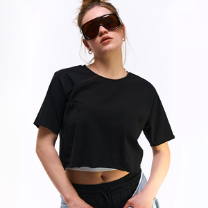 Women's Black <b>Cropped</b> T-Shirt Crew Neck Short Sleeve Loose Fit Solid Color Casual Jersey 100% Cotton Spring Summer Wear - Product Image 5