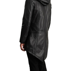 <b>Men's</b> Black Genuine Leather Hooded Parka Knee Length Zipper Overcoat Waterproof with Pockets - Product Image 3