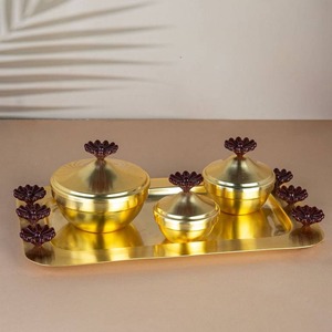 Golden Brass Incense Burner Set with Floral Knobs Handmade for Religious Use Chinese Style All-Season Decorative Holder - Product Image 2