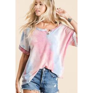 BiBi Women's <b>Tie</b> <b>Dye</b> French Terry <b>Top</b> with Buttoned Placket - Product Image 3