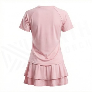 Ensemble sportif rose 2 pièces pour femme : haut à manches courtes col rond et jupe à volants, séchage rapide, tricoté, vêtements de sport printemps-été - Product Image 2