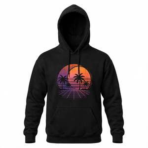 Sudadera con Capucha Personalizada con Estampado Gráfico de Palmeras al Atardecer, Estilo Vintage, Color Negro, Felpa, Algodón Grueso, Corte Holgado, 370g, para Hombre - Product Image 1