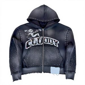 Sudadera con capucha y cremallera extragrande con logo personalizado, efecto desgastado, de alta calidad, 400 GSM, con lavado efecto descolorido por el sol y pedrería. - Product Image 1