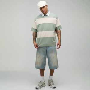 Chemise polo en tricot à col blanc rayé large coupe classique, couleur personnalisée, col rabattu, manches courtes, pour homme - Product Image 4