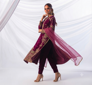 STAR IMPEX Elegante Salwar Kameez Morado Bordado de Seda de Secado Rápido para Mujer, Traje Tradicional de Boda con Dupatta de Red Larga hasta el Suelo - Product Image 3