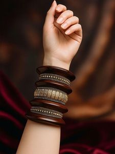 Thick Premium Natural Wood Bangle <b>Bracelet</b> with Striped Design Polished Finish Antique Imitation Round Shape - Product Image 3