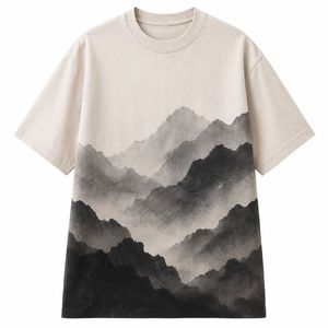เสื้อยืดแขนสั้นทรงปกติสำหรับผู้ชาย พิมพ์ลายดิจิทัลด้านหน้า ลายภูเขาไล่เฉดสี คอกลม ผ้าถักลำลอง 100% ผ้าฝ้าย - Product Image 3