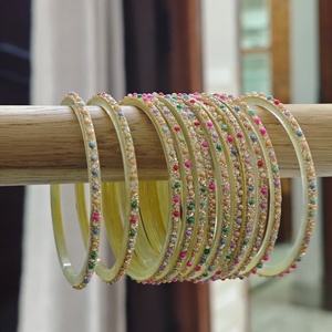 Luxury Multicolor Pearl Stone Golden Glitter <b>Glass</b> <b>Bangles</b> Set Handmade Traditional Indian Bridal Wedding Party Wear Jewelry - Product Image 4