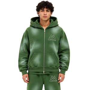 Sudaderas con doble capucha para hombre, verde oscuro, con cremallera y pedrería, forro polar grueso, estilo urbano, diseño de capas, proveedor mayorista personalizado - Product Image 3