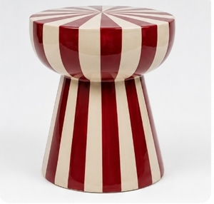 Handmade Ceramic Striped <b>Stool</b> Red and White Glossy Finish Modern Side Table Decorative Accent Indoor Outdoor Home Furniture - Product Image 1