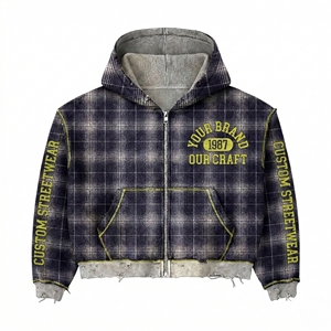 Custom Heavyweight Oversized Boxy Distressed <b>Zip</b> <b>up</b> Double Layers Design Plaid Blank Vintage Dirty Acid Wash Reversible <b>Hoodies</b> - Product Image 4