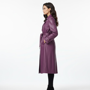 Elegant <b>Purple</b> Real Leather Windproof Breathable <b>Trench</b> <b>Coat</b> Long Length Turn-down Collar Zipper Closure Winter Unisex Outerwear - Product Image 4