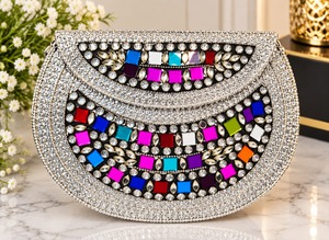 Bolso de Mano Tipo Clutch con Mosaico Metálico Hecho a Mano, Forro de Terciopelo, Cierre de Broche, Fragmentos de Perlas, Bolso de Noche con Acentos de Diamantes de Imitación para Mujer, Ideal para Fiestas - Product Image 4