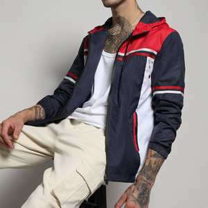 <b>Men</b> zipper Windproof Hooded Racer <b>Jacket</b> Color Blocking Navy Red <b>White</b> Polyester Sporty Autumn Zipper Closure nylon streetwear - Product Image 1