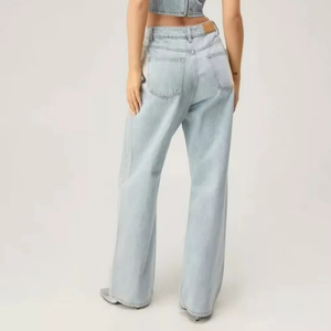 Jean droit taille basse délavé pour femme, coupe ample, style décontracté, jambe large en denim - Product Image 2