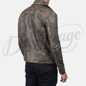 Men Distressed Brown <b>Leather</b> Biker <b>Jacket</b> Premium Genuine Sheepskin Quilted Shoulder Slim Fit Motorcycle Fashion Coat - Product Image 3
