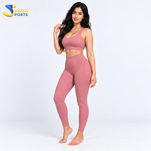 ABEER SPORTS Women's Yoga Set 2 Piece Solid Pink Seamless High Waist <b>Leggings</b> <b>Crop</b> Top Racerback Sleeveless Fitness Wear - Product Image 3