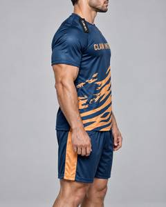 Maillot de football CLAW INTL pour homme, bleu et orange rayé, sublimé, en polyester respirant, coupe athlétique, manches courtes, col rond - Product Image 4