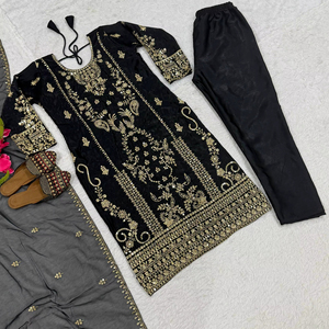 Última Colección de Trajes Salwar en Color Negro, con Bordado Intenso, Lentejuelas, Adorno de Moti, Borde de Encaje, Satén Coreano, Seda, para Bodas - Product Image 1