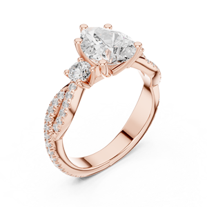 Bague de fiançailles en or rose avec diamants de laboratoire taille trilène et ronds, pavé torsadé, trois pierres, pour femme - Product Image 4