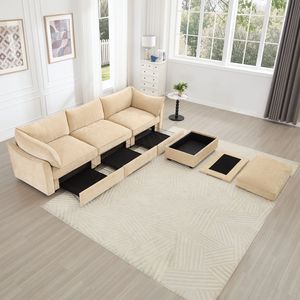Divano Sezionale a L a 3 Posti con Pouf Mobile, Braccioli a Mezzaluna e Schienale Avvolgente per Soggiorno - Product Image 4