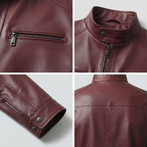 Chaqueta de cuero genuino para hombre, estilo motociclista, con cuello alto, cierre de cremallera, bolsillos en el pecho, para otoño, chaqueta de cuero para carreras. - Product Image 6
