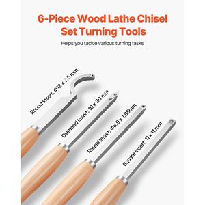 Set di 6 Utensili per Tornitura del Legno con Punta Diamantata Quadrata, per Sgrossatura e Finitura, Utensile per Dettagli e Foratura con Manico in Legno - Product Image 2